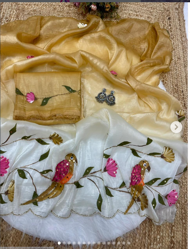 Parrot brush printed gold crush padding saree