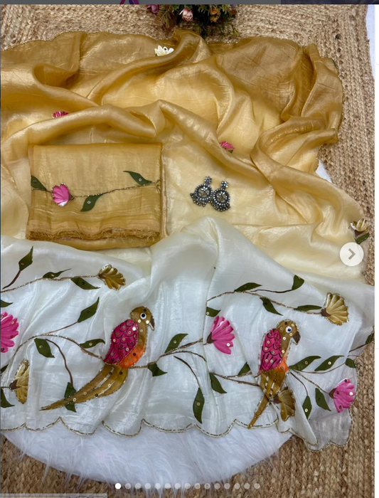 Parrot brush printed gold crush padding saree