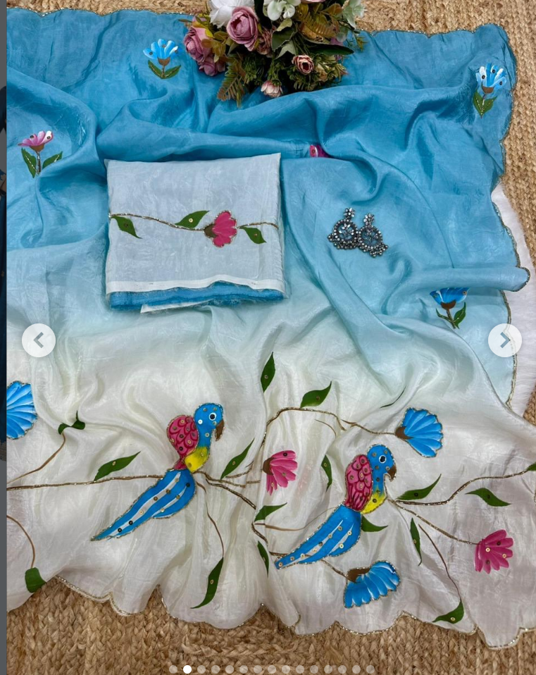 Parrot brush printed gold crush padding saree