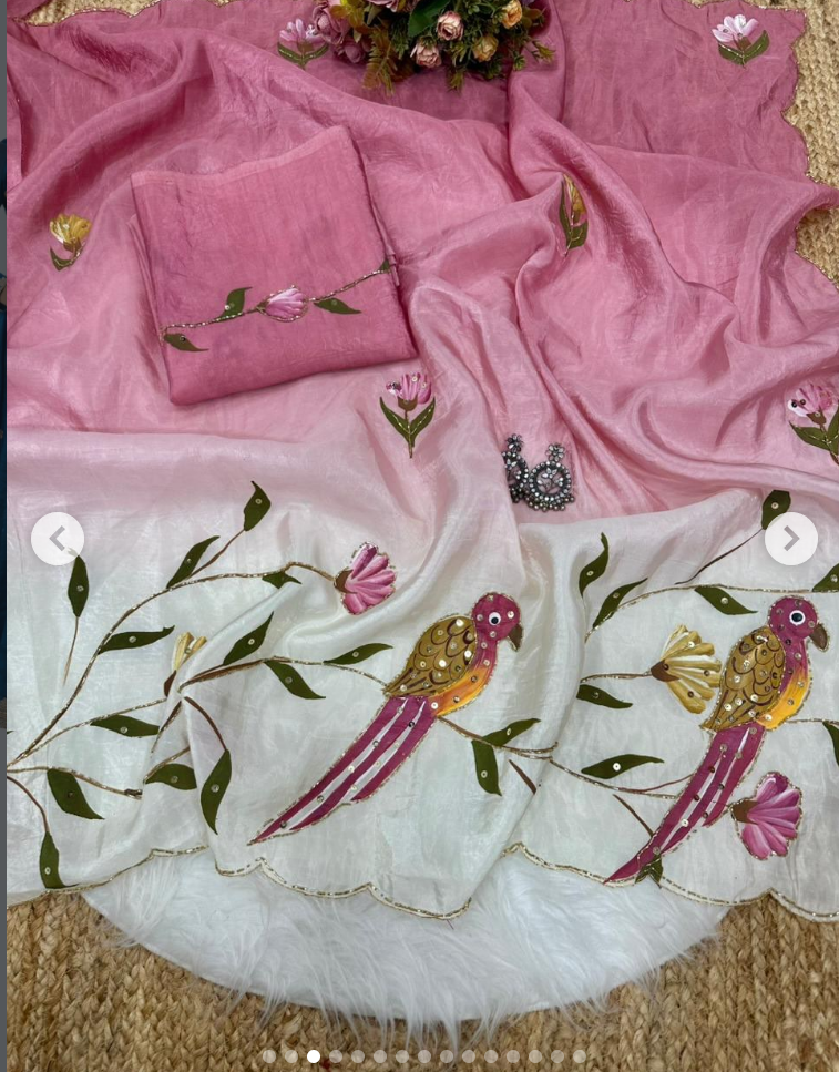 Parrot brush printed gold crush padding saree