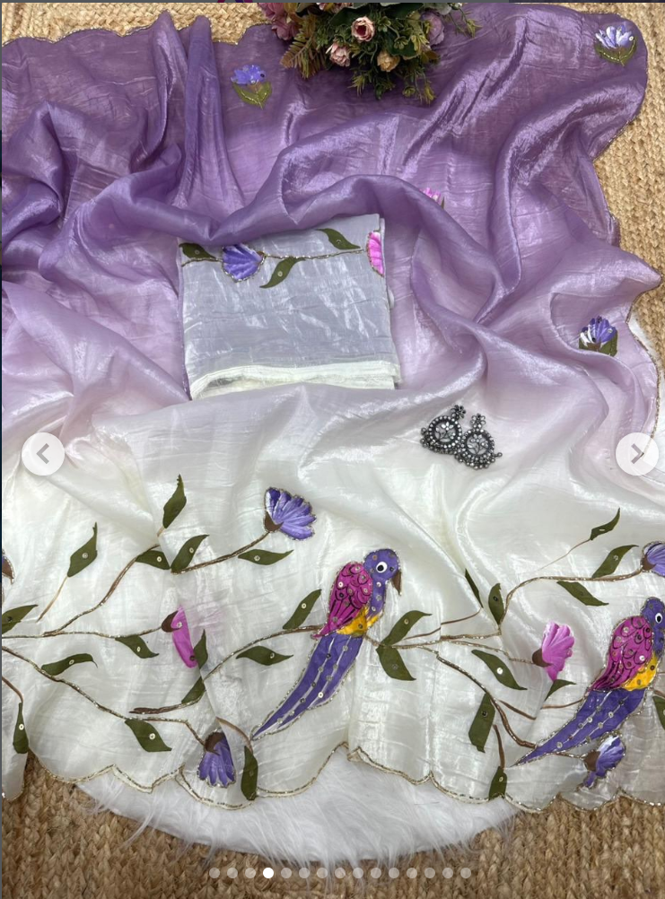 Parrot brush printed gold crush padding saree